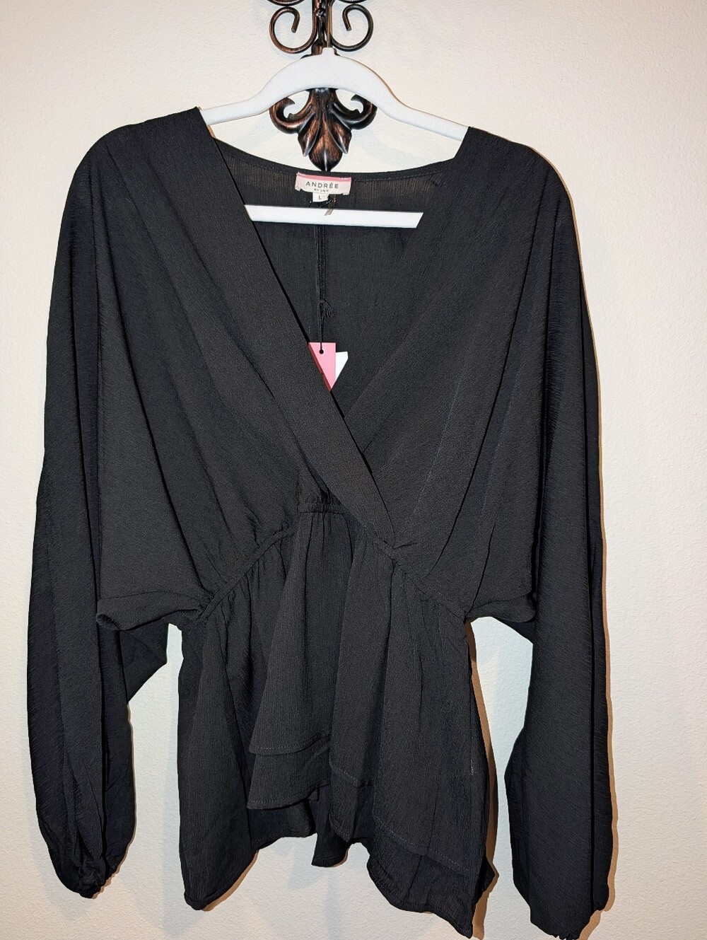 NWT: Andrée by Unit Black Surplice Peplum Blouse - Large